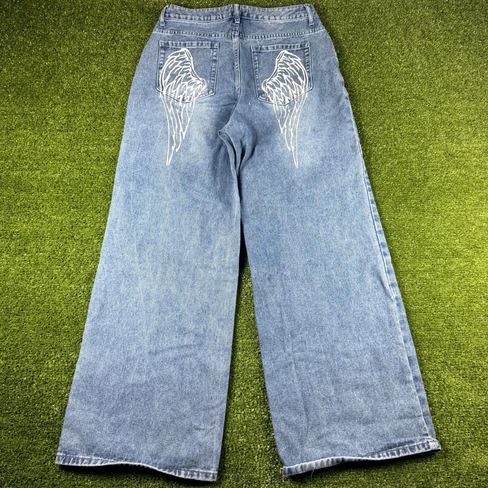 Y2K Blue Asphalt Womens Wide Leg Wing Graphic Jeans Light Wash Blue Size M 0732